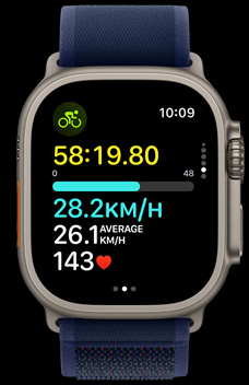 Apple Watch Ultra 2 demonstrating how fast a person is riding their bike.