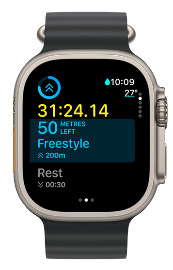 An Apple Watch Ultra screen displays the time of the current interval and what remains in the customised workout