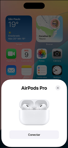 Imagem de um iPhone sendo emparelhado aos AirPods Pro.