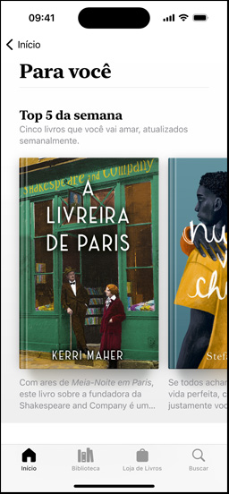 A tela do iPhone exibe a seção Para Você no app Livros, com a lista dos cinco melhores da semana.