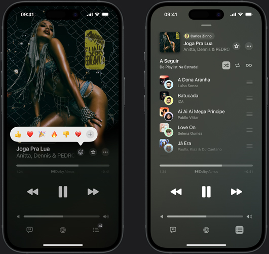 O iPhone à esquerda mostra a faixa Joga Pra Lua, de Annita, Dennis e Pedro Sampaio, tocando na tela, com opções para reagir com emoji de joinha, coração, comemoração e polegar para baixo ou escolher mais emojis. O iPhone à direita mostra uma playlist colaborativa chamada de Playlist na estrada, com várias faixas adicionadas por outras pessoas