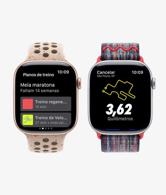 Dois relógios Apple Watch mostrando o recurso Planos de Treino do app Nike Run Club.