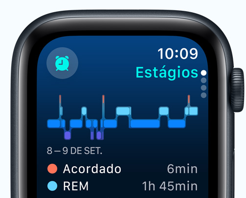 Tela do app Sono com os diferentes estágios, minutos sem dormir e minutos na fase REM.