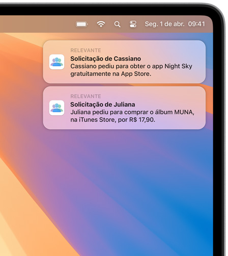 Duas notificações do macOS no canto superior direito de uma tela do Mac mostrando solicitações de compra. A primeira para o app Night Sky da App Store, e a segunda para o álbum MUNA da iTunes Store.