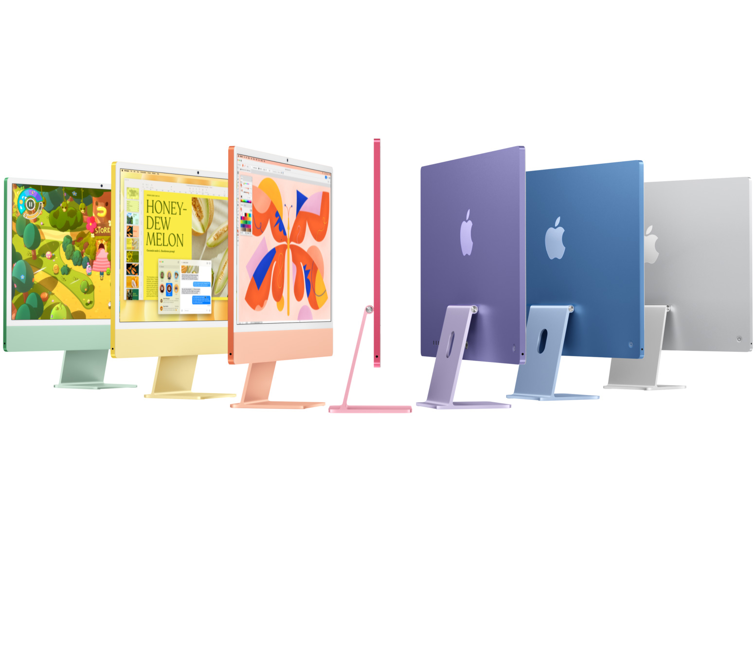 Sete modelos de iMac de cores diferentes (verde, amarelo, laranja, rosa, roxo, azul, prateado) organizados como um acordeão.