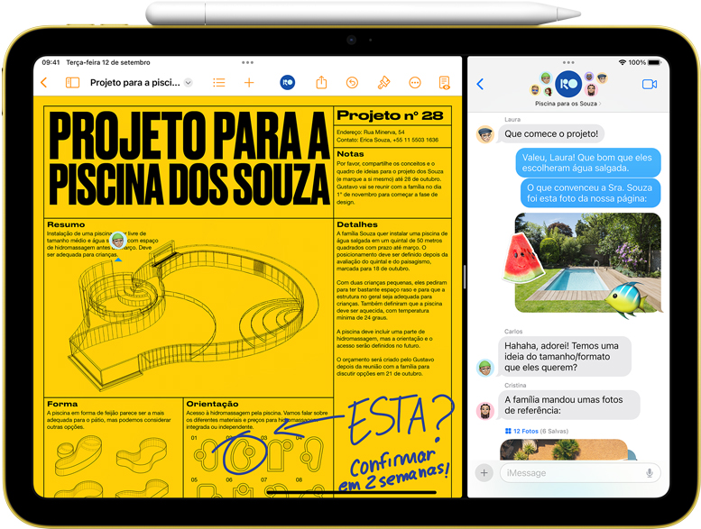 Imagem do iPad mostrando os apps Pages e Mensagens em Split View e o Apple Pencil fixado magneticamente ao aparelho.