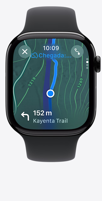 App Mapas no Apple Watch Series 10 mostrando um mapa de rota de trilha.