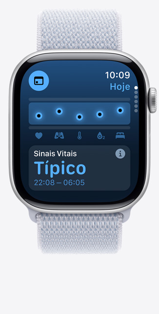 App Sinais Vitais na tela do Apple Watch Series 10 mostrando que as métricas de saúde durante a noite estão normais.