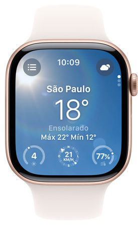 Tela de um Apple Watch mostrando o app Tempo.