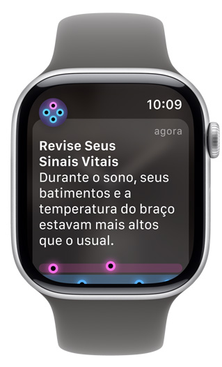 Tela do Apple Watch mostra um alerta "Rever seus Sinais Vitais"