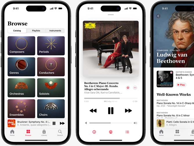 iPhone on left showing Apple Music Classical Browse tab with the Catalog tab selected with Composers, Periods, Genres, Conductors, Orchestras, Soloists, Ensembles and Choirs categories; iPhone in middle showing Beethoven's Piano Concerto No. 1 in C Major, Op. 15: III. Rondo. Allegro scherzando playing in Dolby Atmos; iPhone on right showing Ludwig van Beethoven's Composer page