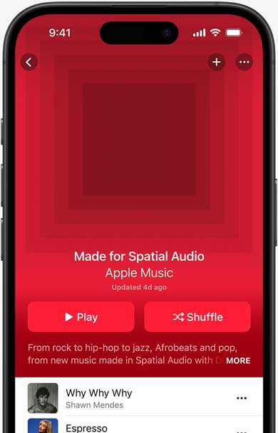 iPhone screen with Made for Spatial Audio playlist cover art in the Apple Music app