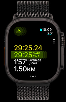 Apple Watch Ultra 2 showing the swim duration, pace and distance as part of the Multisport feature.