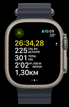 Apple Watch Ultra 2, affichant la durée, les calories dépensées et le rythme d’une séance de nage en eau libre.