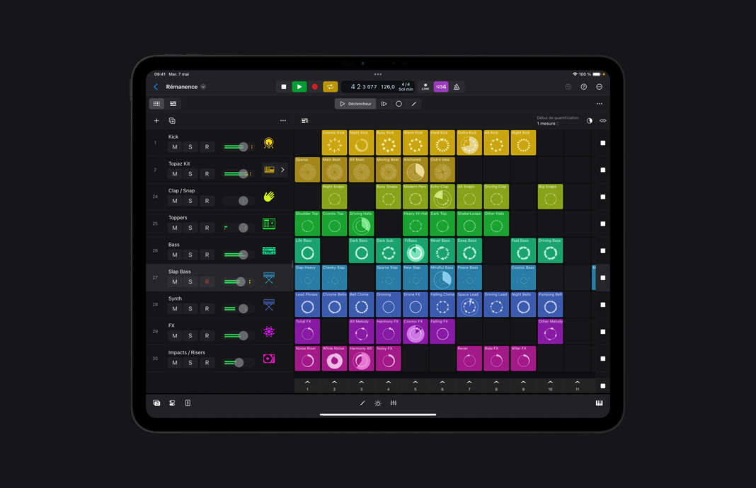 L’interface d’enregistrement et de création de boucles dans Logic Pro pour iPad.