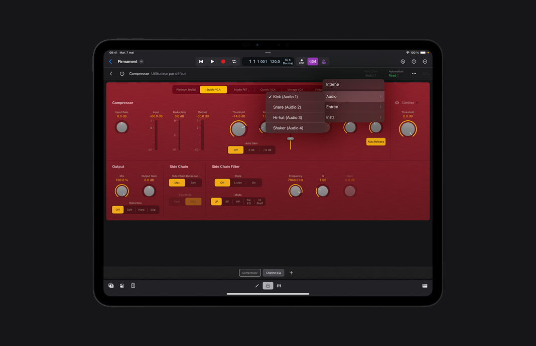 Interface d’un module d’extension compresseur dans Logic Pro pour iPad.