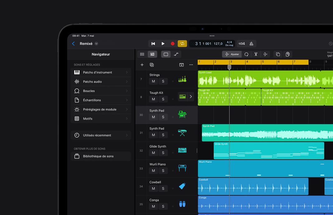 Aperçu de la bibliothèque de sons de Logic Pro sur iPad Pro.