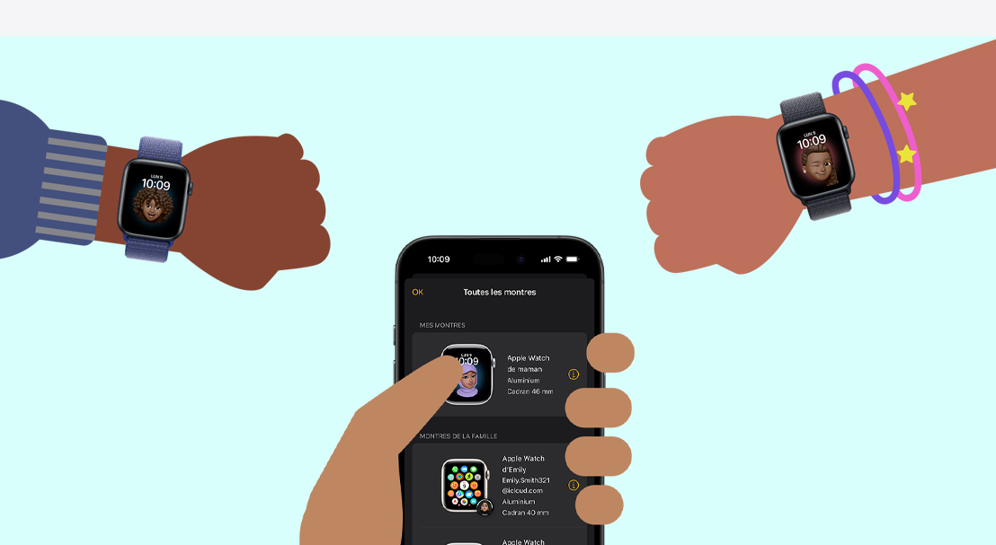 Illustration montrant une main d’adulte qui tient un iPhone 16, et deux mains d’enfants portant chacune une Apple Watch SE. L’adulte est en train de configurer Apple Watch pour vos enfants.