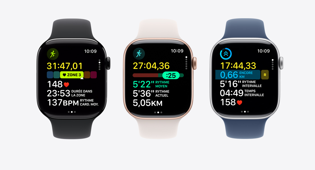 Trois Apple Watch Series 10. La première affiche les zones de fréquence cardiaque d’un entraînement, la deuxième un entraînement de rythme, et la troisième un entraînement personnalisé avec des intervalles.