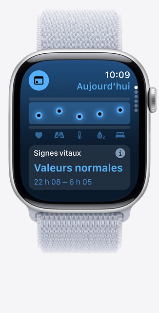 Vue de l’app Signes vitaux sur une Apple Watch Series 10, affichant des valeurs nocturnes normales.