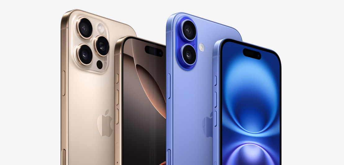 Four iPhone devices, including two iPhone 16 Pro models in White Titanium, one showing three camera lenses behind another iPhone Pro showing Dynamic Island. Next to two iPhone 16 models in Ultramarine, one showing 2 camera lenses and another iPhone 16 showing Dynamic Island.