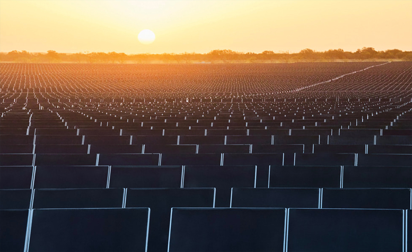 Des centaines de panneaux solaires devant un coucher de soleil.