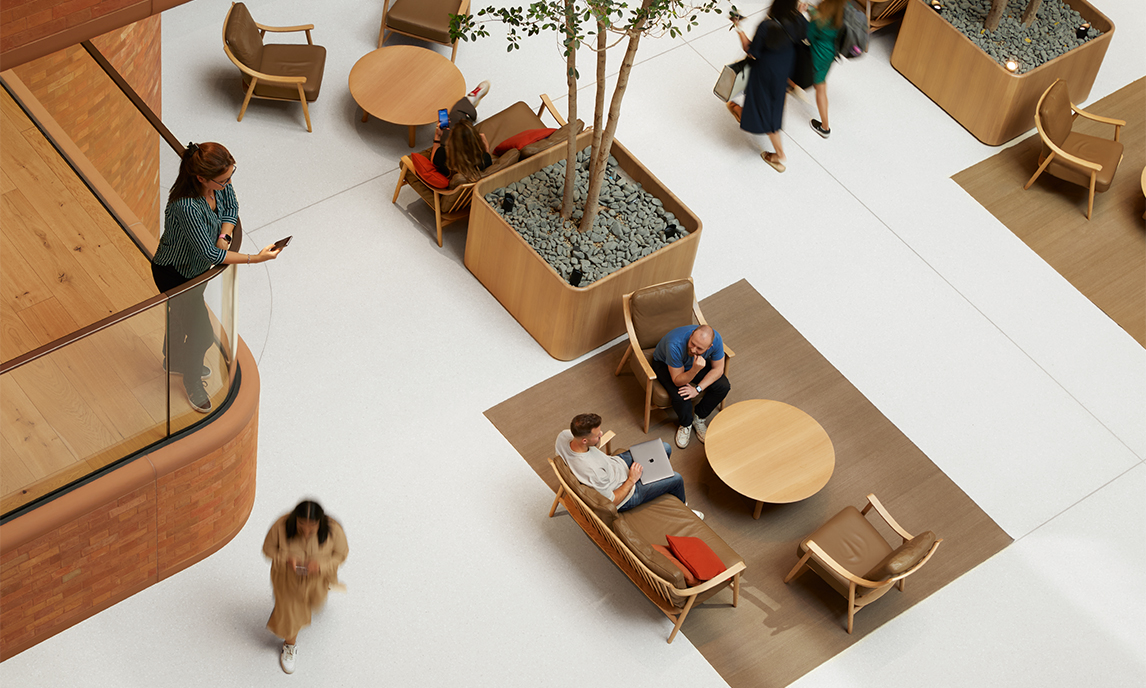 View of the second-floor balcony overlooking the first floor of the Battersea atrium.