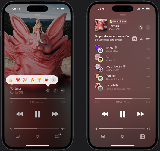 Un iPhone a la izquierda muestra en la pantalla que se está reproduciendo la canción “Tortura”, de Kenia OS, y diferentes opciones de emojis para reaccionar: pulgar hacia arriba, corazón, celebrar, pulgar hacia abajo y el signo más para agregar otra reacción. Un iPhone a la derecha muestra una playlist colaborativa llamada Canciones para el viaje con varias canciones agregadas por otras personas