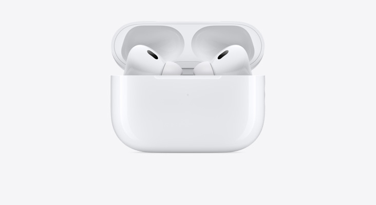 Se muestra un par de AirPods Pro dentro de un estuche de carga MagSafe abierto.