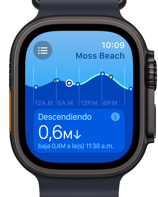 Pantalla de un Apple Watch Ultra que muestra la nueva app Mareas.