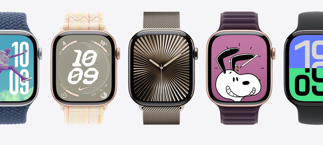 Pět displejů Apple Watch s ciferníky Fotky, Nike Globe, Odlesky, Snoopy a Tok.