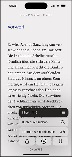 iPhone Bildschirm, der eine Buchseite in der Books App zeigt. Darüber werden Optionen zum Vergrößern von Text, zum Durchsuchen des Buchs sowie Themen und Einstellungen auf dem Bildschirm eingeblendet