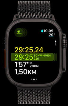 Apple Watch Ultra 2 showing the swim duration, pace, and distance as part of the Multisport feature.