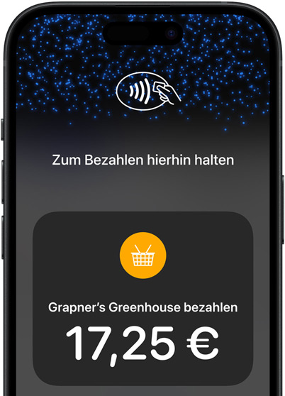 Nahaufnahme vom Display eines iPhone mit dem Symbol für kontaktloses Bezahlen und Transaktionsinformationen.