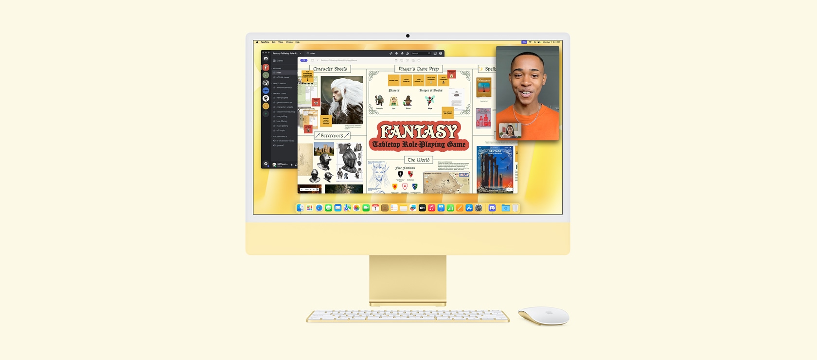 Yellow iMac. Screen shows Freeform, Discord, and FaceTime apps used together for a Fantasy Tabletop Role-Playing game session