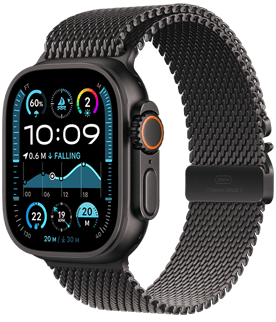 Apple Watch Ultra 2 with a black titanium case and Black Trail Loop band.