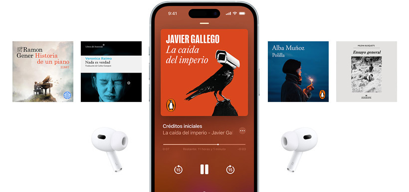 La pantalla de un iPhone en el centro muestra un audiolibro en la app Libros. Alrededor se ven portadas de audiolibros en disposición horizontal.