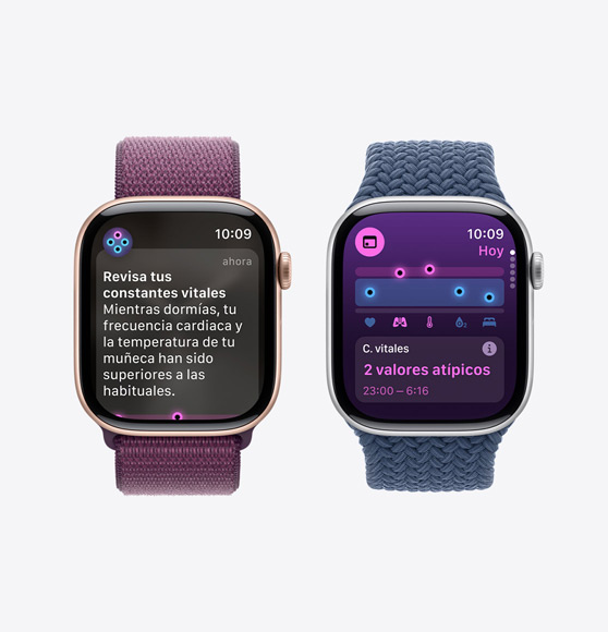 Un Apple Watch Series 10 muestra una notificación en la que se recomienda consultar las constantes vitales, y otro muestra las constantes vitales nocturnas con dos valores atípicos.