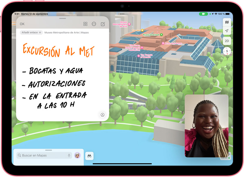 Pantalla de un iPad que muestra una nota rápida abierta en Mapas y una miniatura de FaceTime.