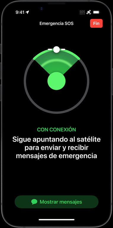 Un iPhone 16e muestra prestaciones de conectividad como Mensajes vía Satélite, Buscar, Asistencia en Carretera y Emergencia SOS.