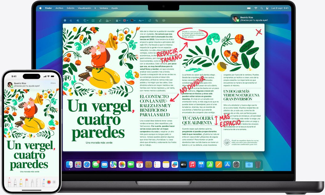 Un MacBook Pro y un iPhone 16 con los mismos mensajes en la pantalla.