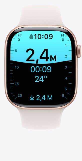 Vista frontal de un Apple Watch Series 10 con la app Profundidad en la pantalla que muestra una inmersión de 3 metros.