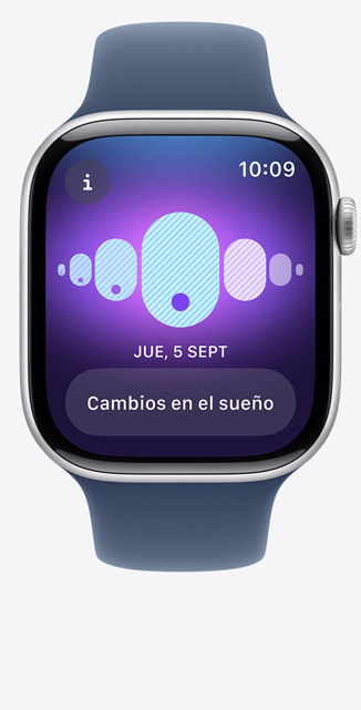 Vista frontal de un Apple Watch Series 10 con la app Control del Ciclo en la pantalla que indica cambios en el sueño