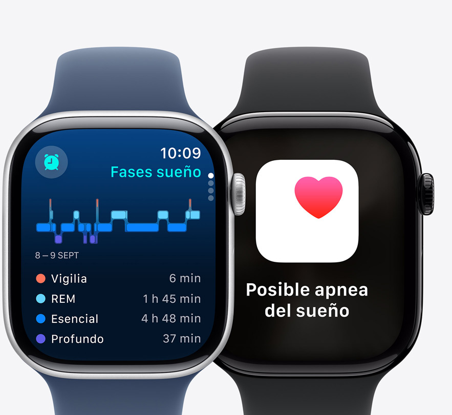 Vista frontal de dos Apple Watch Series 10 con la prestación Fases de Sueño en la pantalla y una notificación de posible apnea del sueño.