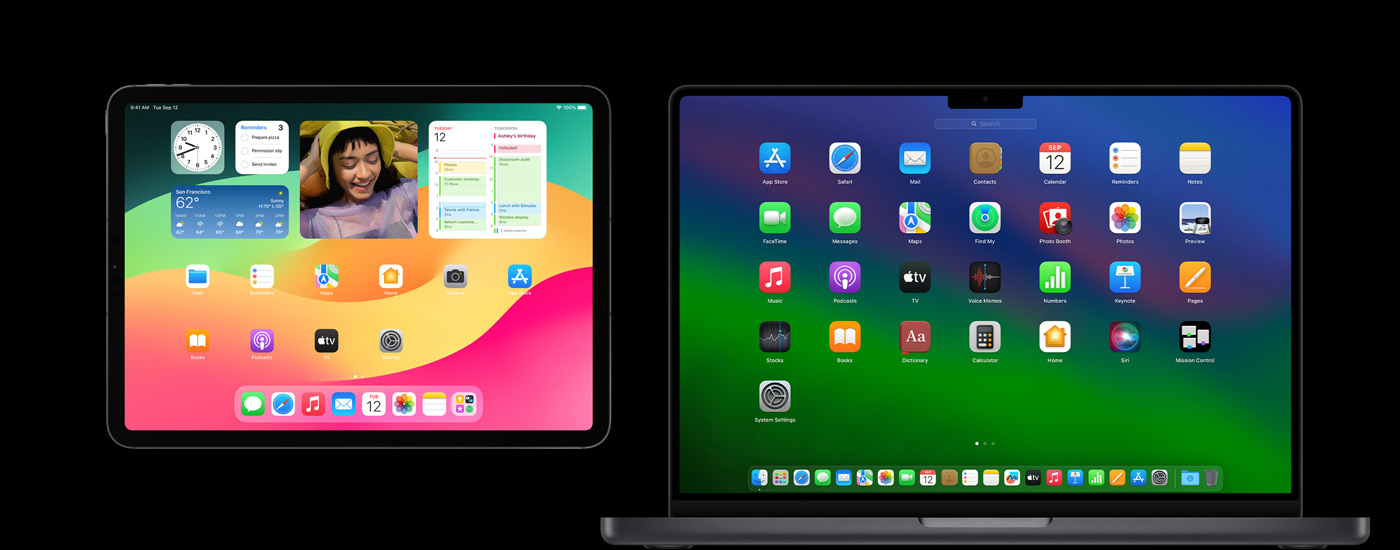 An iPad and a Mac displaying various app icons. The iPad shows several widgets, including Calendar, Weather and Photos.