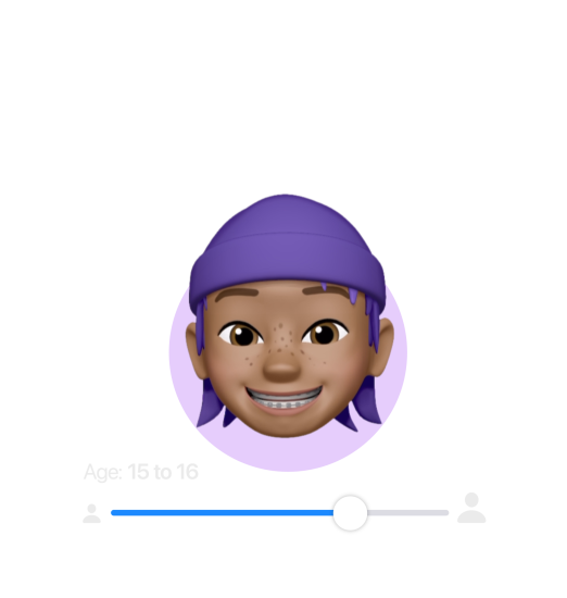 Memoji of nine-year-old boy. A slider allows selection of age range for content access. The age range displayed on the slider is 9 to11.The slider moves up to demonstrate that a user can choose an appropriate range for their child. As the age changes on the slider to 15-16 years old, the Memoji of the boy grows into an adolescent.