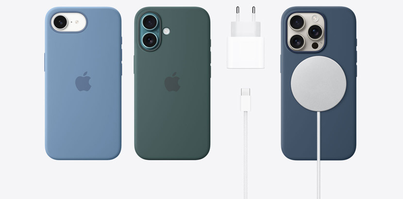 Modelli di iPhone 16e e iPhone 16 con diversi accessori: custodie in silicone di vari colori, un alimentatore USB-C da 20 watt, un cavo di ricarica USB-C da 60 watt e un caricabatterie MagSafe.