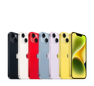 Angled view of all six colours of iPhone 14 including midnight, starlight, (PRODUCT)RED, blue, purple and yellow, plus an angled front view in yellow.