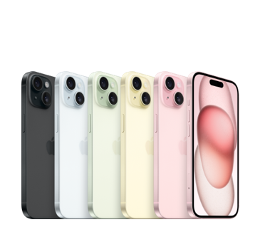 iPhone 15, all five finishes, Black, Blue, Green, Yellow, Pink.