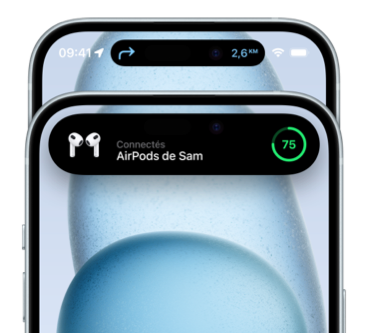 iPhone 15, face avant, Dynamic Island au sommet affiche un itinéraire dans Apple Plans, iPhone 15, face avant, Dynamic Island plus large pour montrer que les AirPods sont connectés et que l’iPhone est chargé à 75 pour cent.